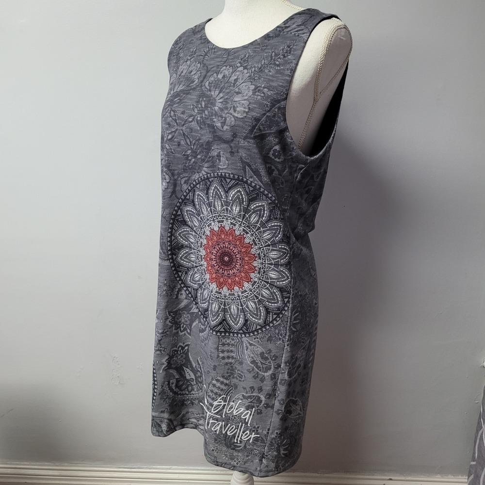 Desigual‎ Shift Dress Gray Mandala Print Sleeveless Keyhole Back Womens XL